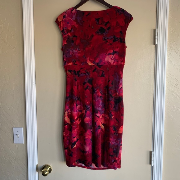 Lauren Ralph Lauren Opera Red Floral Ruched Dress Sz.10 V- neck Cross Over Knit - Picture 9 of 15